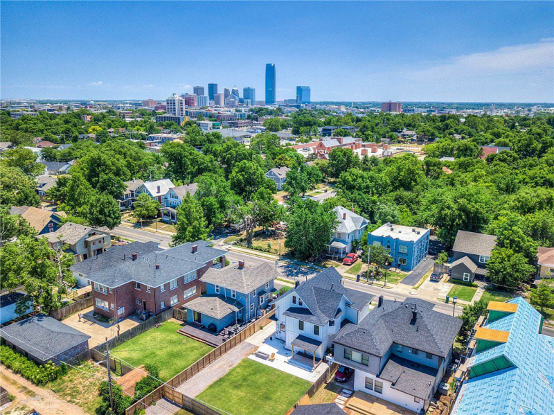 Aerial view of 1329 NW 16th St with Oklahoma City skyline in the backround