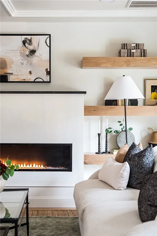 Vent-less fireplace and wood beam shelving